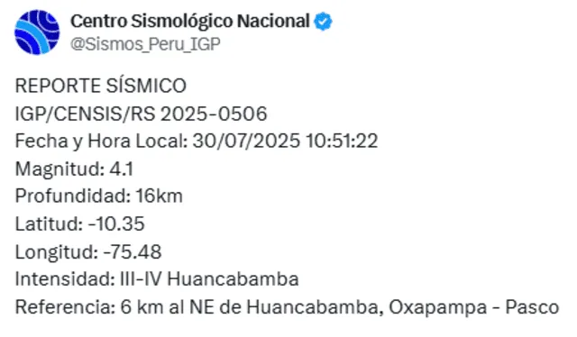 Sismo en Oxapampa. Foto: IGP.   