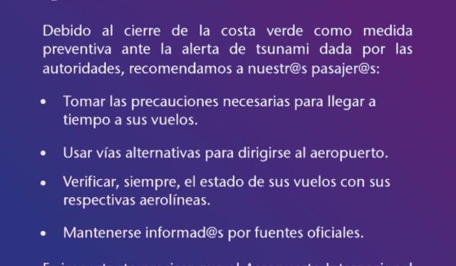 Comunicado para los pasajeros. Foto: Lima Airport Comunicado para los pasajeros. Foto: Lima Airport