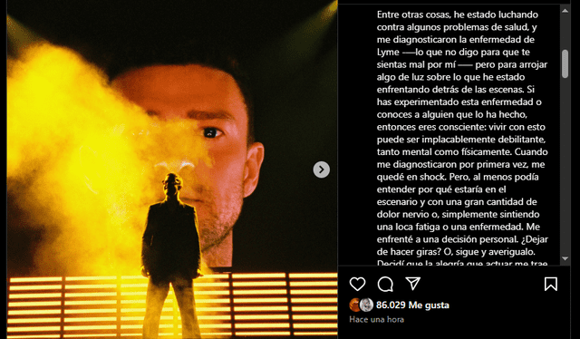 Justin Timberlake, señaló que el diagnóstico de la enfermedad lo afectó como "un choque" y que consideró detener su exitosa gira mundial. Justin Timberlake, señaló que el diagnóstico de la enfermedad lo afectó como "un choque" y que consideró detener su exitosa gira mundial.