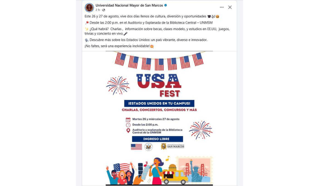 El USA FEST se realizará el 26 y 27 de agosto con acceso gratuito al público. Foto: Universidad Nacional Mayor de San Marcos-Facebook   