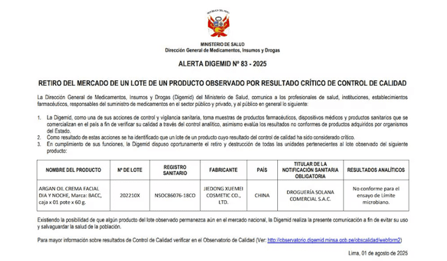 Comunicado de la entidad. Foto: Captura del Digemid. Comunicado de la entidad. Foto: Captura del Digemid.
