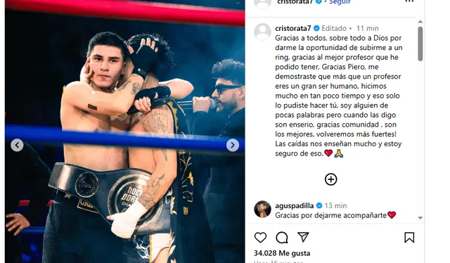  El mensaje de Cristorata tras su lucha ante 'Cañita'. Foto: IG - Cristorata   
