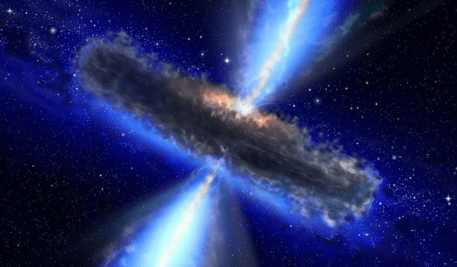  Concepción artística ilustra un cuásar, o agujero negro alimentador, similar a APM 08279+5255. Foto: NASA/ESA   
