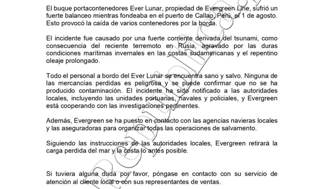 Comunicado oficial de la empresa Evergreen el 6 de agosto de 2025.   