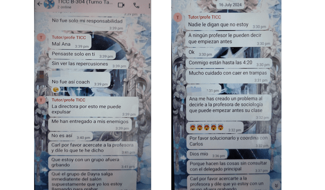  Chats en donde se señala que el profesor intimidaba a sus alumnos para no delatar sus inasistencias. Raúl Oblitas ha negado que él sea el autor de esos mensajes.   