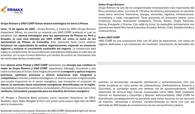 Comunicado oficial de Primax   