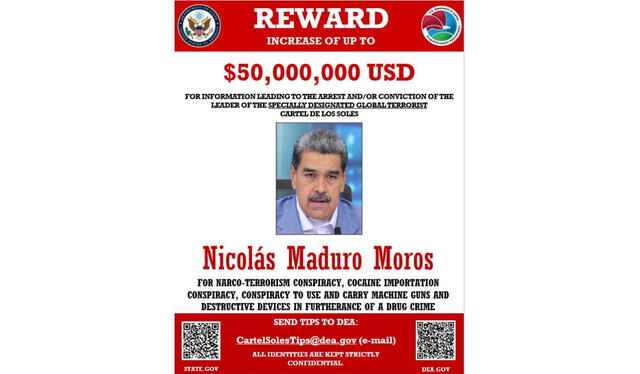 Recompensa por Nicolás Maduro. Fuente: Departamento de Estados de EEUU Recompensa por Nicolás Maduro. Fuente: Departamento de Estados de EEUU