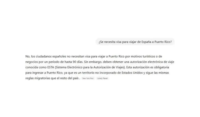 Consulta a ChatGPT sobre visado a Puerto Rico. Fuente: ChatGPT Consulta a ChatGPT sobre visado a Puerto Rico. Fuente: ChatGPT