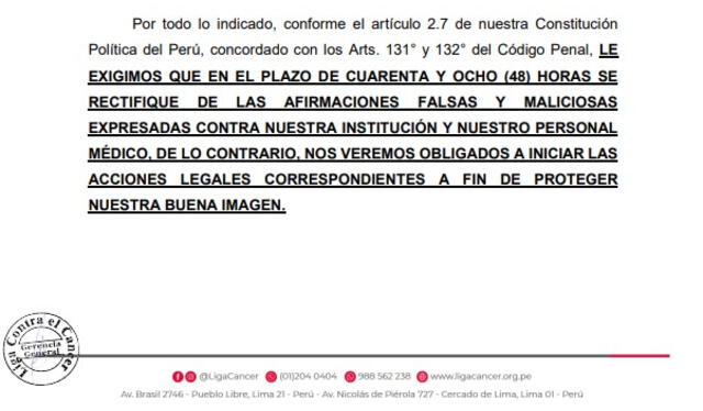  Parte de la carta notarial de la Liga Contra el Cáncer. Foto: captura de pantalla.   