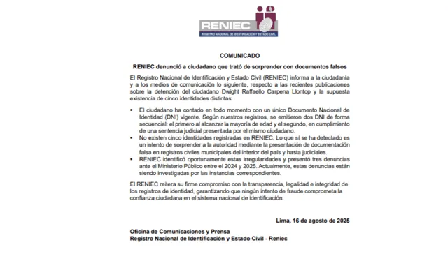  Comunicado de la Reniec sobre el caso de Raffaello Cárpena. Foto: Reniec 