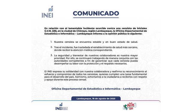  INEI emitió un comunicado sobre el estado de la agraviada. Créditos: difusión.<br><br>  