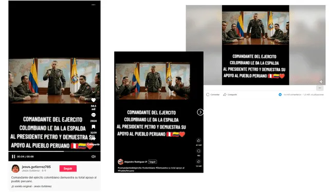 <em> Publicaciones desinformativas por las redes sociales de TikTok y Facebook. Foto: capturas de pantalla.</em>   
