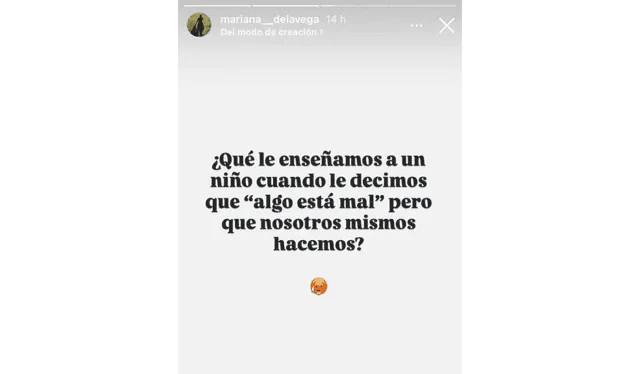 Mariana de la Vega comparte un post sobre educación en los hijos en Instagram tras ruptura de Gustavo Salcedo y Maju Mantilla. Foto: Instagram Mariana de la Vega comparte un post sobre educación en los hijos en Instagram tras ruptura de Gustavo Salcedo y Maju Mantilla. Foto: Instagram