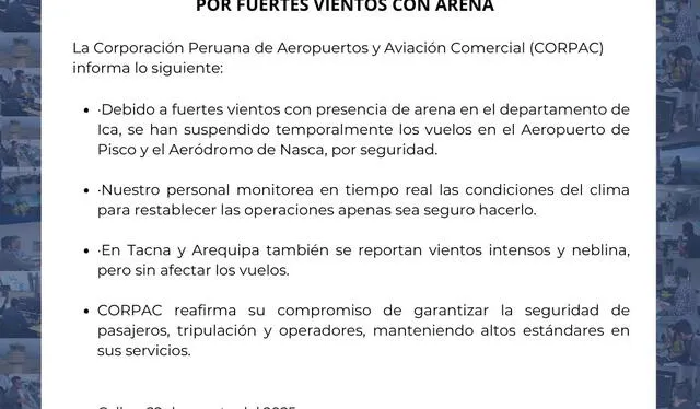 Suspenden vuelos a Nazca y Pisco por fuertes vientos con arena en Ica. Foto:Corpac   