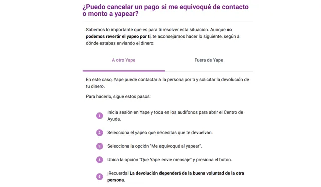  Recomendaciones de la página oficial de Yape en caso te equivoques al enviar un monto incorrecto o lo dirijas a un contacto equivocado. Foto: Yape   