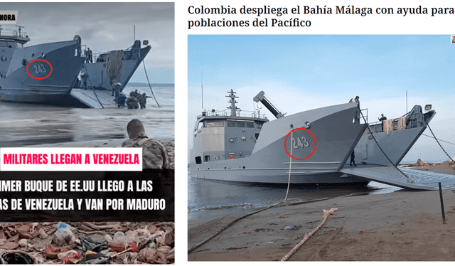 <em>Comparación entre el buque anfibio del bulo y el original. Foto: composición LR/capturas de pantalla</em>   