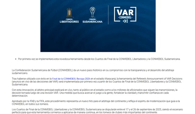  El comunicado de la Conmebol. Foto: Conmebol   