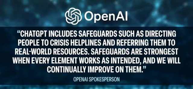 Trad: ChatGPT incluye medidas de seguridad, como dirigir a las personas a líneas de ayuda en situaciones de crisis y derivarlas a recursos reales. Las medidas de seguridad son más eficaces cuando todos los elementos funcionan correctamente, y las mejoraremos continuamente"   