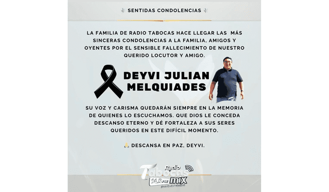 Ex casa de labores del locutor ofreció sus condolencias. Créditos: difusión.<br><br>    