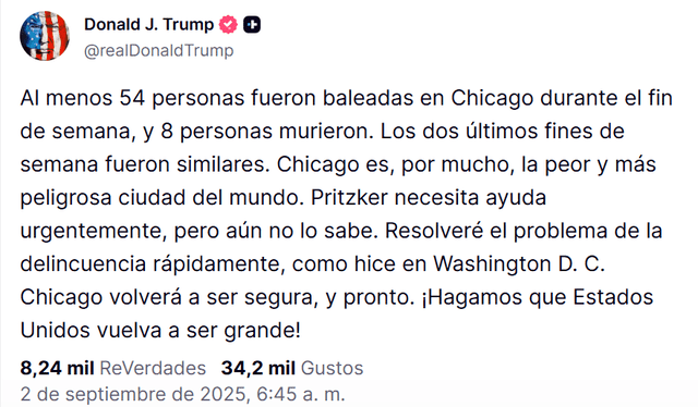 Donald Trump promete enviar a la Guardia Nacional a Chicago. Fuente: Truth Social Donald Trump promete enviar a la Guardia Nacional a Chicago. Fuente: Truth Social