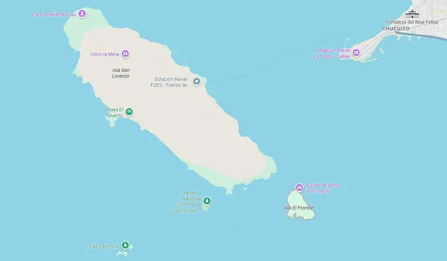 La Isla Frontón, conocida como Isla Callao, tiene 1 km de extensión y está ubicada frente a línea de plata de La Punta. Foto: Google Maps. La Isla Frontón, conocida como Isla Callao, tiene 1 km de extensión y está ubicada frente a línea de plata de La Punta. Foto: Google Maps.