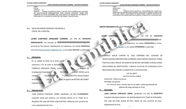 Denuncia y queja realizada contra Juan Carlos Checkley por el caso de Betssy Chávez | Composición: La República. Denuncia y queja realizada contra Juan Carlos Checkley por el caso de Betssy Chávez | Composición: La República.