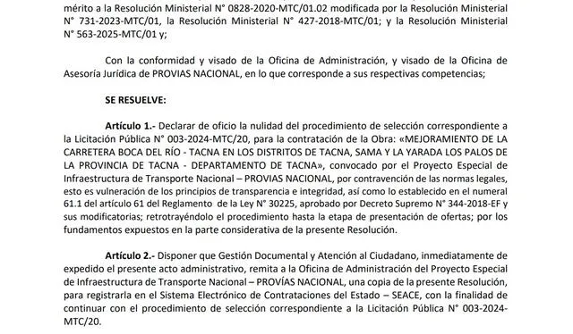 Resolución Directoral que anula la buena pro del proyecto vial Boca del Río en Tacna   