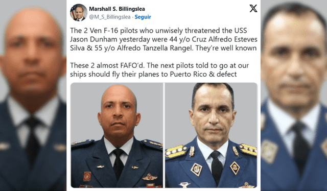 Estados Unidos afirma saber las identidades de los pilotos que estuvieron a cargo de la tripulación de los aviones F-16 de Venezuela en el Caribe. Foto: X   