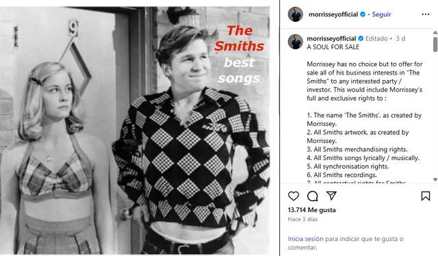  Comunicado de Morrisey. Fuente: Instagram   