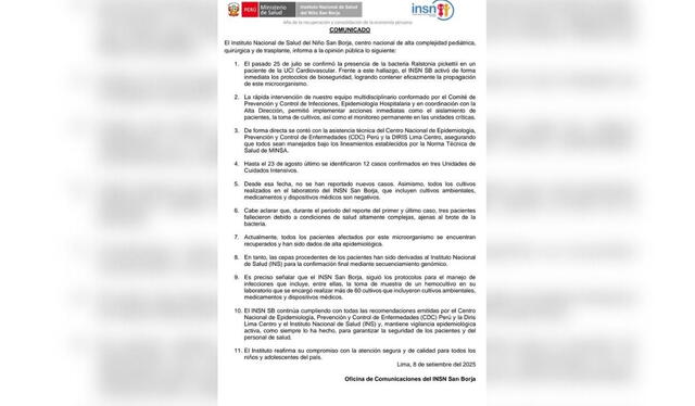  INSN de San Borja emitió un comunicado con respecto a las presuntas muertes por bacteria hospitalaria. Foto: INSN   