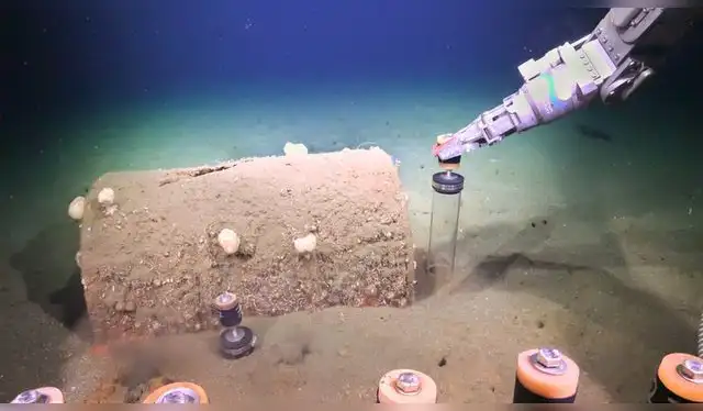  Los investigadores recolectaron sedimentos junto a barriles desechados en el fondo marino. Foto: Schmidt Ocean Institute.   