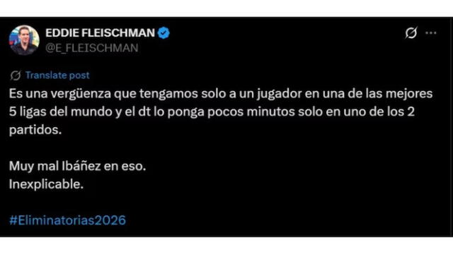  El mensaje de Eddie Fleischman luego de la derrota de Perú ante Paraguay. Foto: X - Eddie Fleischman   