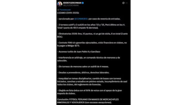  Eddie Fleischman señaló a Agustín Lozano como el principal responsable de la mala campaña de la selección peruana. Foto: X - Eddie Fleischman   
