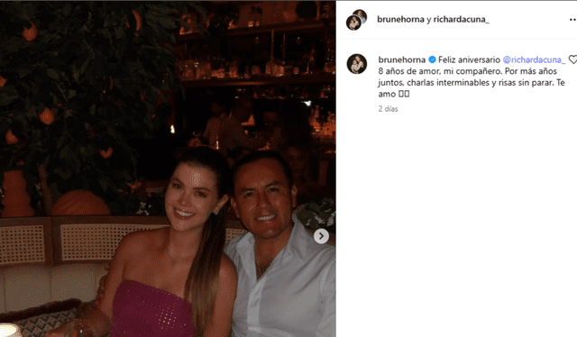 Brunela Horna comparte mensaje de aniversario a Richard Acuña. Brunela Horna comparte mensaje de aniversario a Richard Acuña.