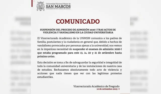 UNMSM suspende examen admisión hasta próximo aviso. Foto: UNMSM.   