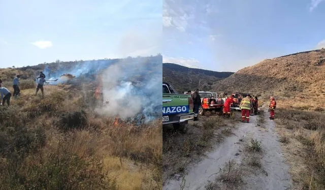 La rápida propagación de las llamas hizo replegar a bomberos, policías y personal de serenazgo. Foto: GORE Arequipa. La rápida propagación de las llamas hizo replegar a bomberos, policías y personal de serenazgo. Foto: GORE Arequipa.