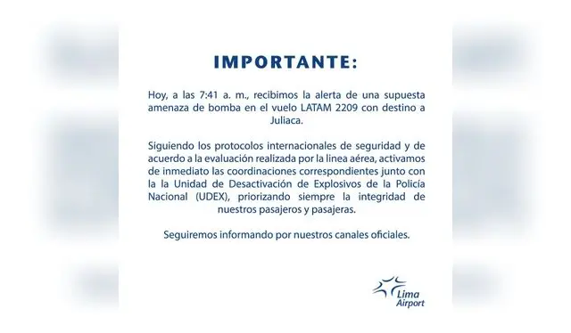 Comunicado oficial de LAP sobre alerta de bomba en aeropuerto Jorge Chávez. Foto: LAP   