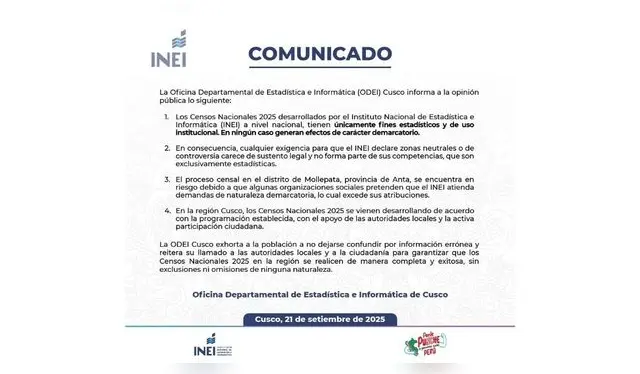 Comunicado de INEI sobre bloqueo de carreteras en los pueblos de Anta y la Convención en Cusco hoy 22 de septiembre. Foto: INEI.   