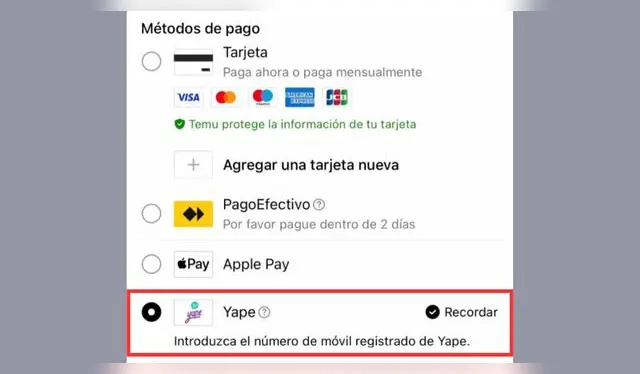 Así aparece Yape en la sección de pagos en Temu. Foto: captura Así aparece Yape en la sección de pagos en Temu. Foto: captura
