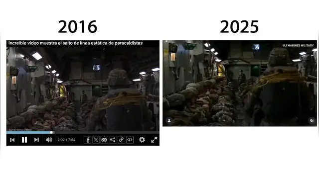 <em> Izquierda: grabación original del 2016; derecha: publicación descontextualizada del 2025. Foto: capturas de pantalla</em>   
