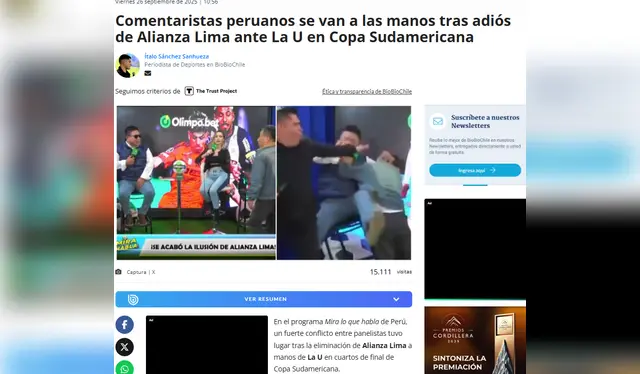 Bio Bio Chile informó sobre la pelea entre ambos comunicadores: Foto: Captura de Bio Bio Chile    