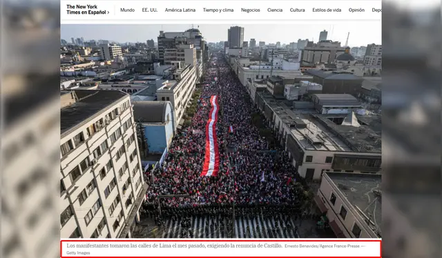 The New York Times - Imagen pertenece a la contramarcha en rechazo al gobierno de Pedro Castillo    