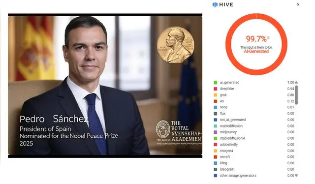 <em> Resultados del programa Hive Moderation sobre la imagen de Pedro Sánchez. Foto: capturas de pantalla</em>   