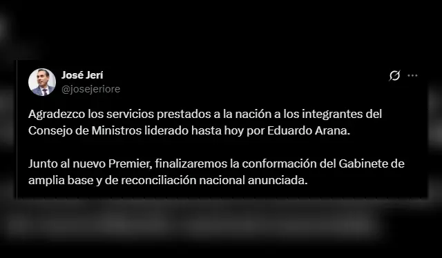 Tuit de José Jerí donde da por concluida las funciones de Eduardo Arana. Foto: José Jerí/X Tuit de José Jerí donde da por concluida las funciones de Eduardo Arana. Foto: José Jerí/X