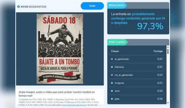 <em> Resultado del programa Hive Moderation tras análisis del viral. Foto: La República </em>   