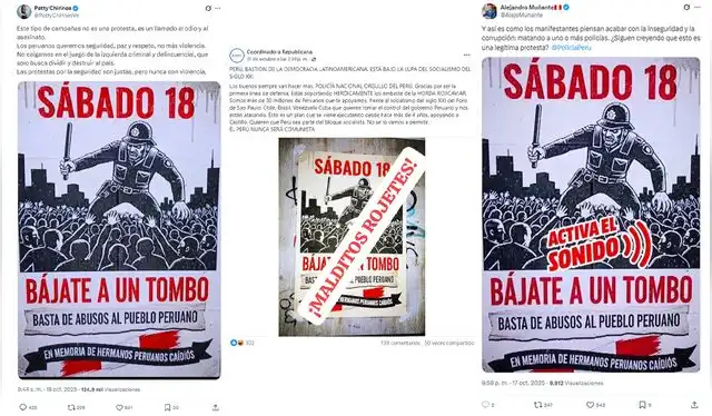  <em>Publicaciones desinformativas por las redes sociales de X y Facebook. Foto: composición LR/capturas de pantalla</em>    