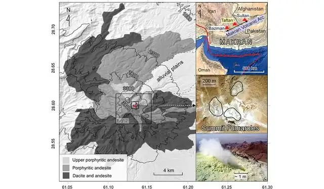 Mapa geológico simplificado del volcán Taftan, que indica las fumarolas activas de la cumbre. Foto: Geophysical Letters Mapa geológico simplificado del volcán Taftan, que indica las fumarolas activas de la cumbre. Foto: Geophysical Letters