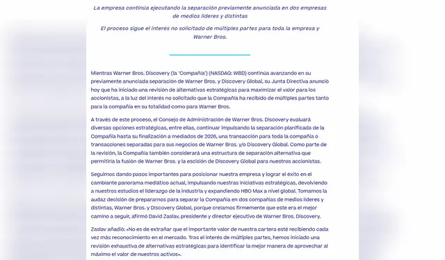  El comunicado de Warner Bros. Discovery. Foto: WBD   