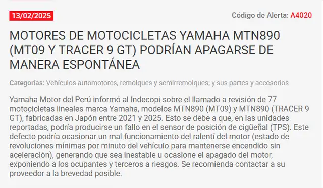 Alerta de Yamaha Motor ante Indecopi por falla en algunos de sus modelos. Foto: Indecopi Alerta de Yamaha Motor ante Indecopi por falla en algunos de sus modelos. Foto: Indecopi
