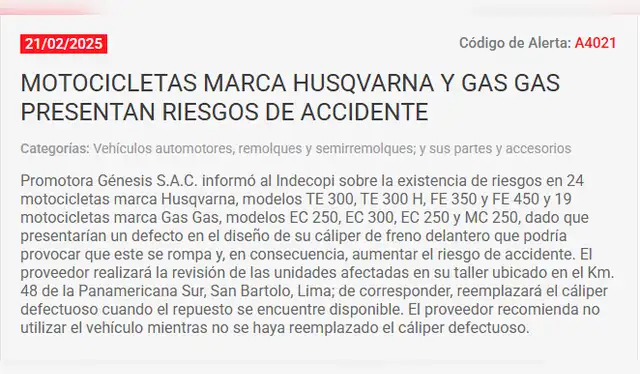 Alerta de Promotora Génesis ante Indecopi por fallas en algunos de sus modelos. Foto: Indecopi Alerta de Promotora Génesis ante Indecopi por fallas en algunos de sus modelos. Foto: Indecopi